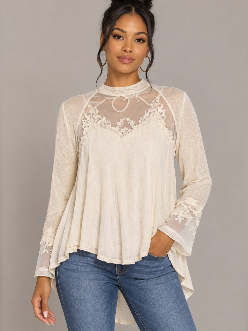 Free People Saheli Tunic Blouse Embroidered Mesh Boho Prairie Top Size Small.